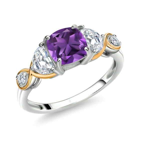 Gem Stone King 925 Silver and 10K Yellow Gold Cushion Amethyst Half Moon Moissanite and Lab Grown Diamond 3-Stone Ring for Women (1.63 Cttw, Gemstone Birthstone, Size 9)