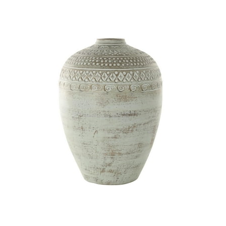 DecMode 15" Handmade Antique Style Green Ceramic Vase with Geometric Tribal Carvings