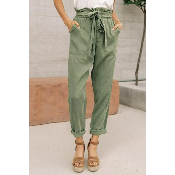 Women's Green Paper Bag Elastic Waistband Casual Pants