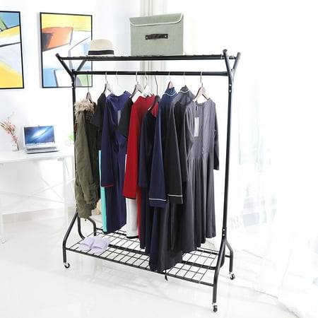 - WALFRONT Rolling Garment Rack with Wheels and 2 Wire Shelves Commercial Grade Heavy Duty Metal Double Rail Clothing Garment Rack for Clothes Coat Gown Shoe Black