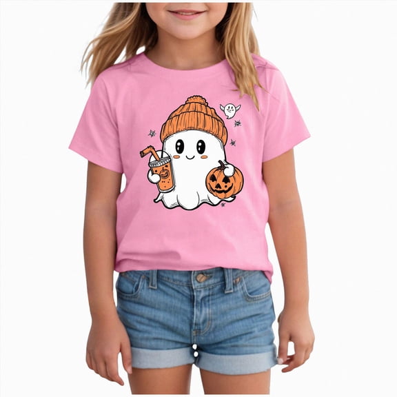 xaweyi Girls Halloween T Shirt Cute Ghost Graphic Short Sleeve Crew Neck Kids Holiday Wear,Sizes 8-9 Years