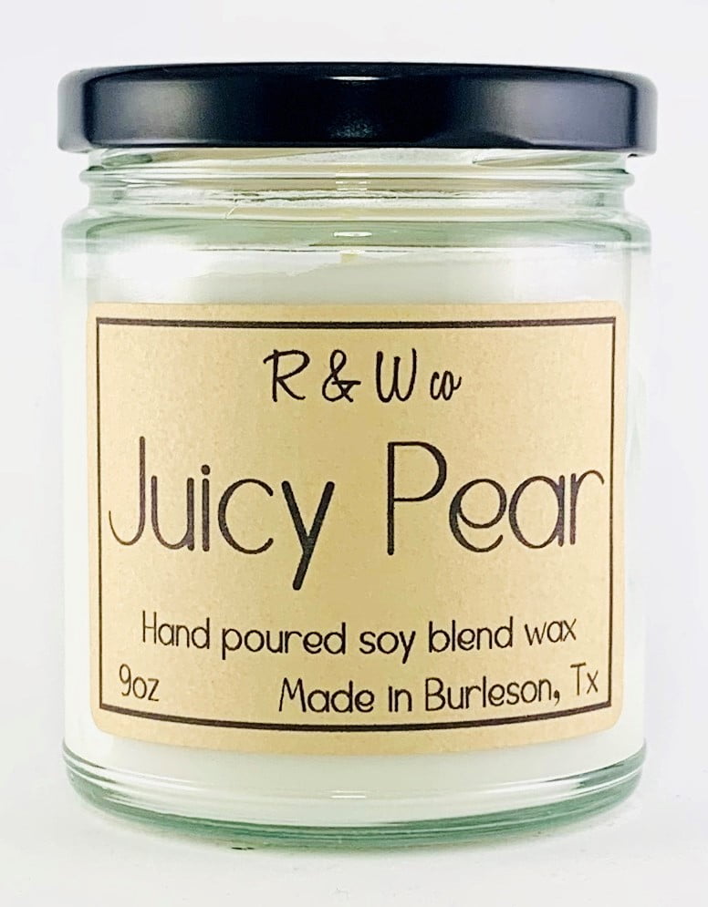 9oz Juicy Pear Scented Soy Candle, Highly Scented, Hand Poured in small batches. Made and Shipped From the USA by R&W Co
