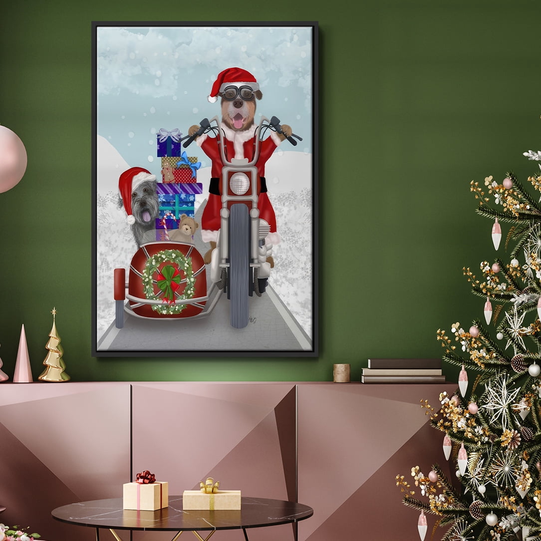 Christmas Mutts Christmas Chopper - Framed Gallery Wrapped Holiday Canvas - 27 x 41 - Black Frame