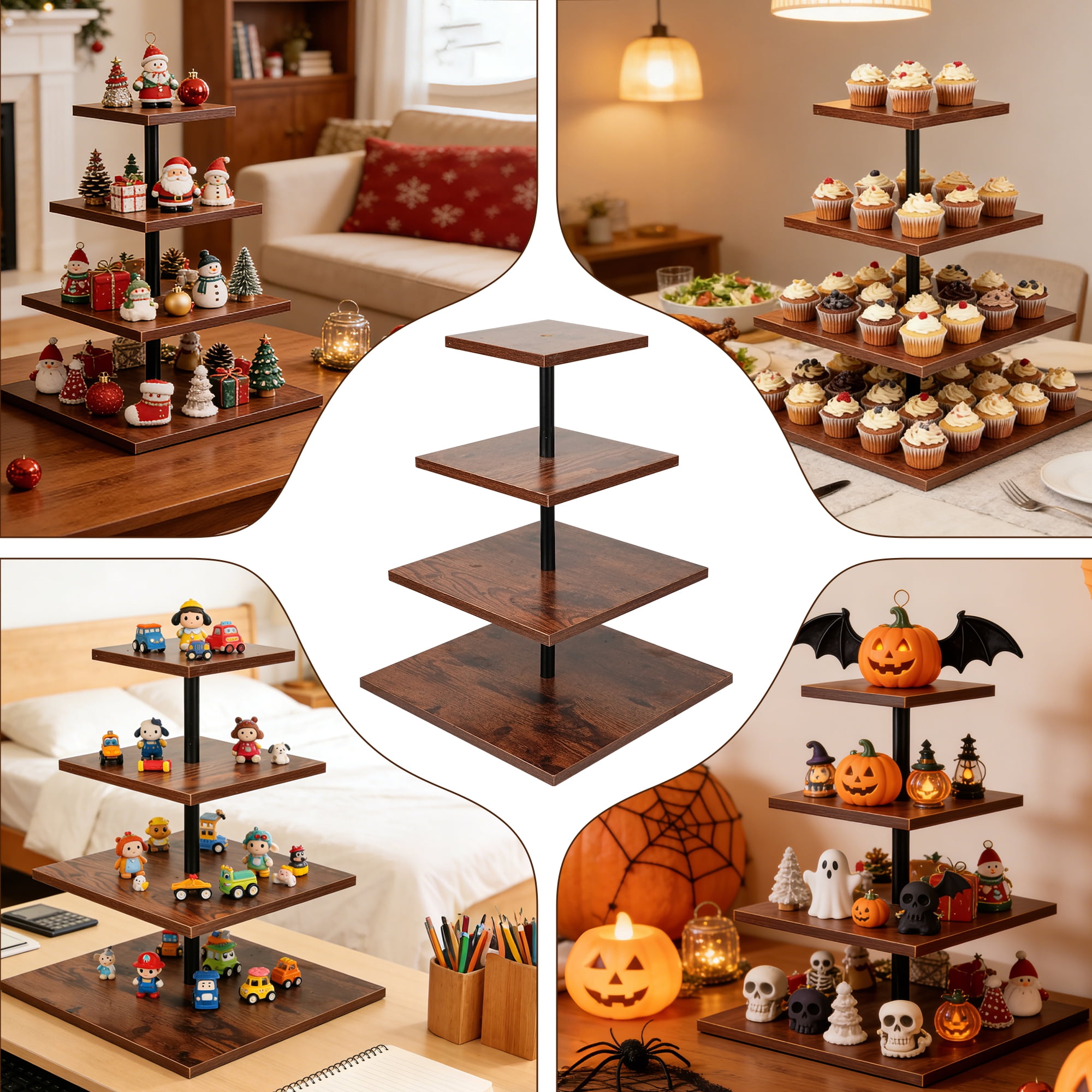 MOJINO 4 Tier Wooden Cupcake Stand for 50 Cupcakes, 360° Rotating Square Dessert Tower, Rustic Tiered Tray Serving Display for Wedding, Birthday, Baby Shower