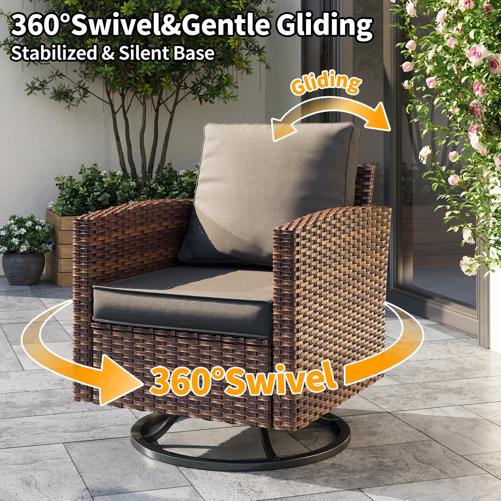 ELPOSUN Patio Furniture Set, 7 Pieces Outdoor Patio Set, All-Weather Wicker Rattan Outdoor Furniture Set with Fire Pit Table & Swivel Chairs for Poolside, Backyard,Grey