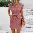 thumbnail image 5 of UYISJ Womens Jumpsuits Dressy Striped Button V Neck Shorts Romper Comfy Business Work Overalls One Piece Jumpsuit with Pockets Red S, 5 of 5