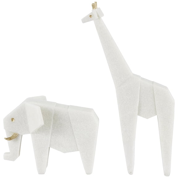 7", 16"H White Polystone Cubist Inspired Elephant, Giraffe Sculpture with Gold Accents, by DecMode (2 Count)
