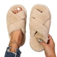 thumbnail image 4 of Women's Slippers Winter Open Toe Crisscross Wide Strap Flat Slippers Soft Warm Home Slides Solid Color Elegant Loungewear Footwear with Non-Slip Easy-Clean Sole for Daily Household Relax Wear, 4 of 5