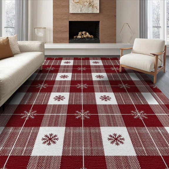 ODIKA 8'x10' Washable Area Rug Deep Red White Buffalo Plaid Design Festive Snowflake Accents Gingham for Living Room, Under Sectional, Family , Durable, Non-Slip