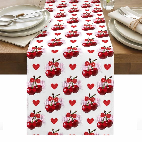 Red Cherry Table Runner Watercolor Cherries Love Heart Farmhouse Tablerunners 14 x 72 Inch, Table Decorations Tabletop Scarf for Summer Gathering Holiday Farmhouse Kitchen Dining Decor