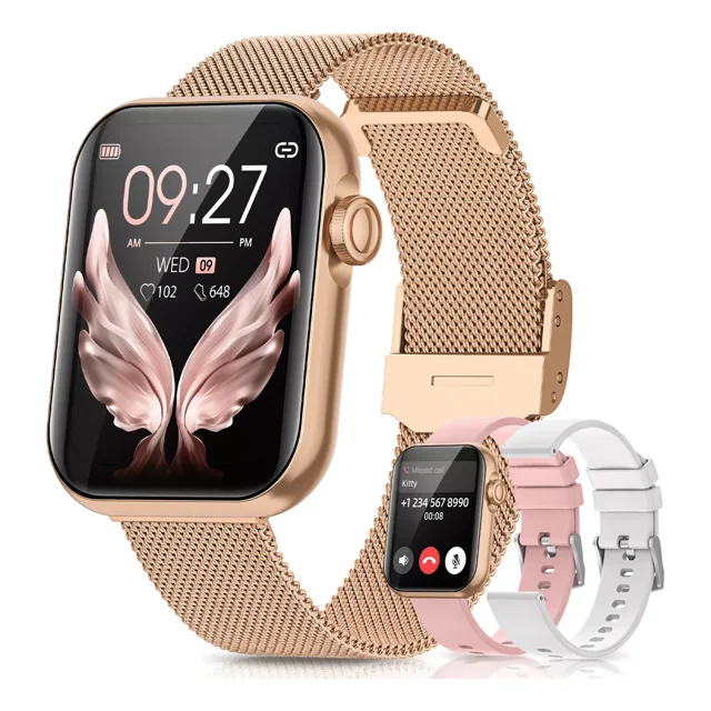 Reloj inteligente Fosmet G39 para mujer, 1.83 pulgadas, con llamadas, pulsómetro, monitor de sueño, más de 110 modos deportivos, podómetro, IP68, compatible con iOS y Android, color oro.