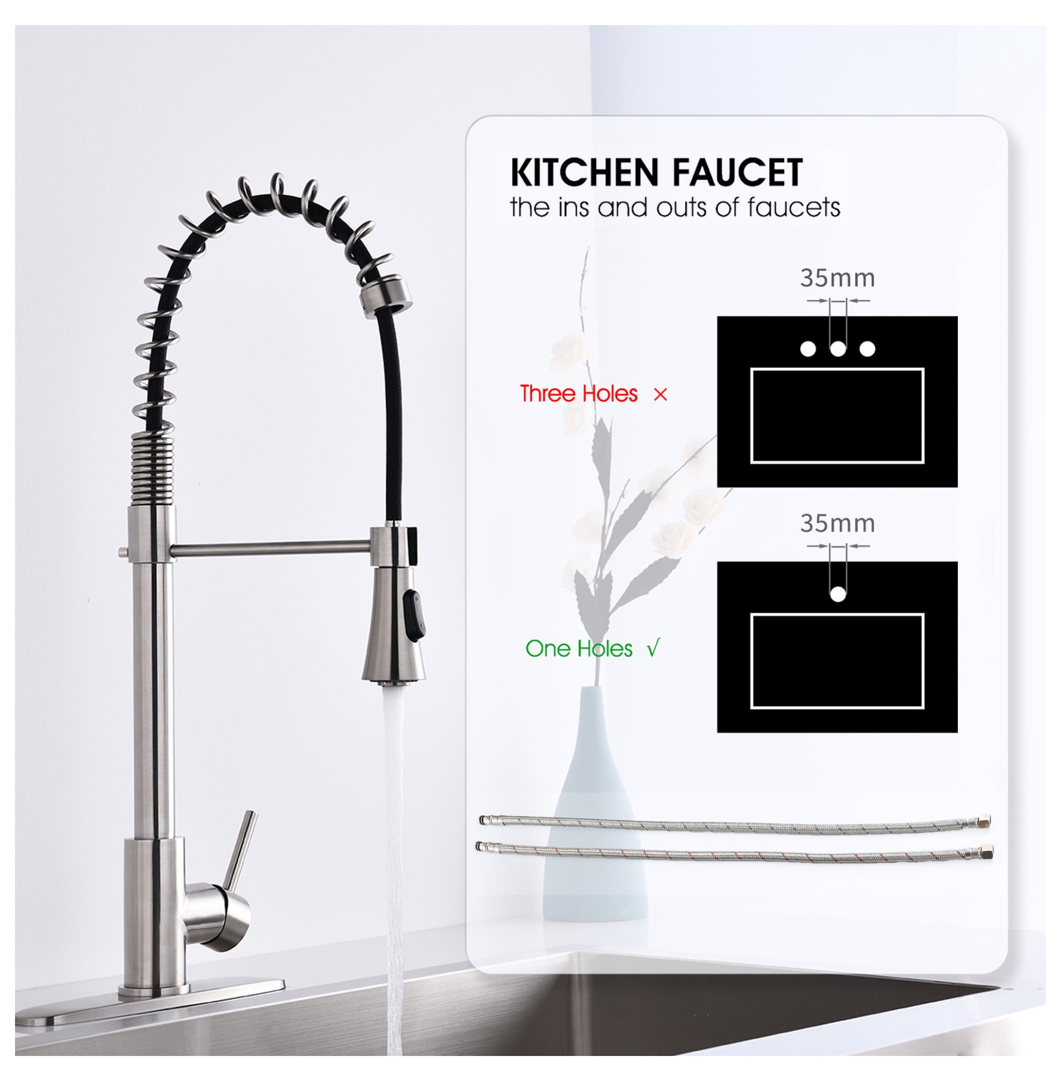 Brushed Single Handle Modern Spring High Arc Kitchen Faucet Water Filter System Bends as You Want