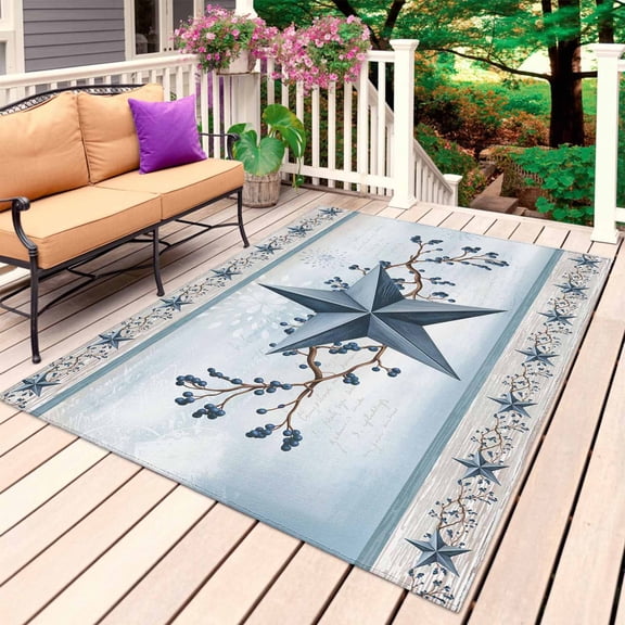 Country Star Blue Outdoor Rug 5x8 Ft, Non Slip Washable Area Rug, Farmhouse Vintage Branches Wooden Patio Rugs Carpet Runner, Large Floor Mat for Indoor/Outdoor Deck Porch Camping