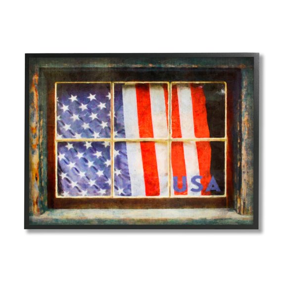 Stupell Industries Patriotic American Flag Rustic Window Festive Home Painting Black Framed Art Print Wall Art, Design by Graffitee Studios