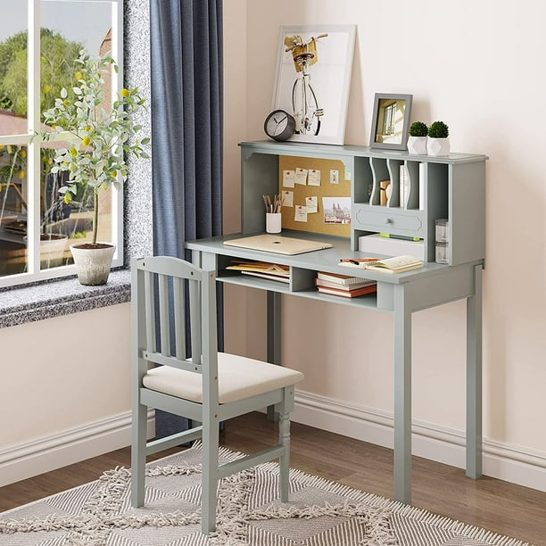 39 5 Kids Desk With Hutch And Chair Set Children Study Writing Shelves Drawers For Home Office Bedroom Small Space Grey Com 39 5 Kids Desk With Hutch And Chair, Small Desk With Hutch For Bedroom