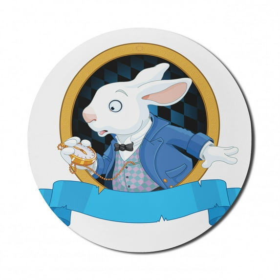 Alice in Wonderland Mouse Pad for Computers, Rabbit Pocket Watch Design Alice Fantasy World, Round Non-Slip Thick Rubber Modern Gaming Mousepad, 8" Round, Blue White Earth Yellow, by Ambesonne