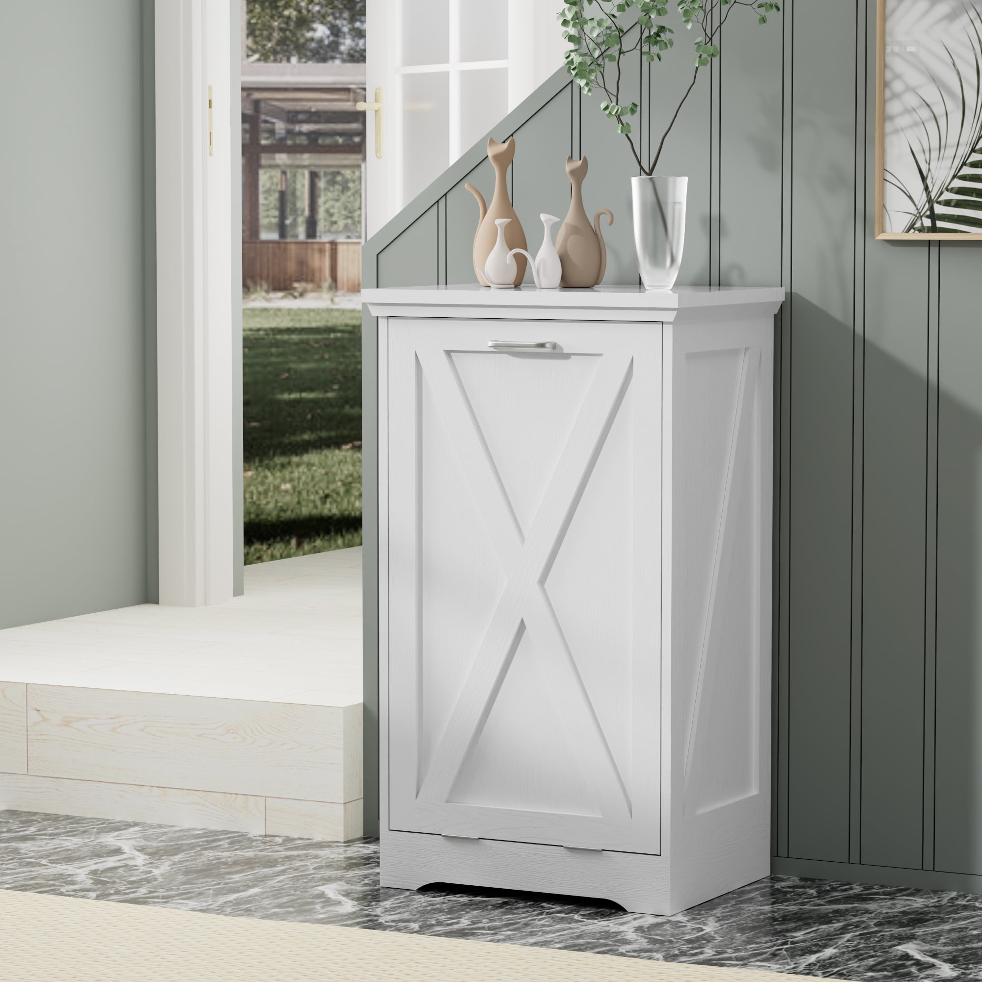 13-Gallon Tilt-Out Trash Can Cabinet, Hidden Trash Bin with Deodorizing & Negative Ion Technology, Pet-Proof Design for Kitchen, Dining Room, Living Room, White