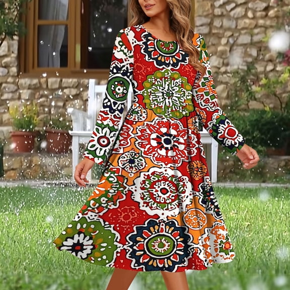 Aueoeo Boho Dresses for Women Long Sleeve Casual Pleated V Neck Dress Knee Length A Line Tunic Ruffle Dress