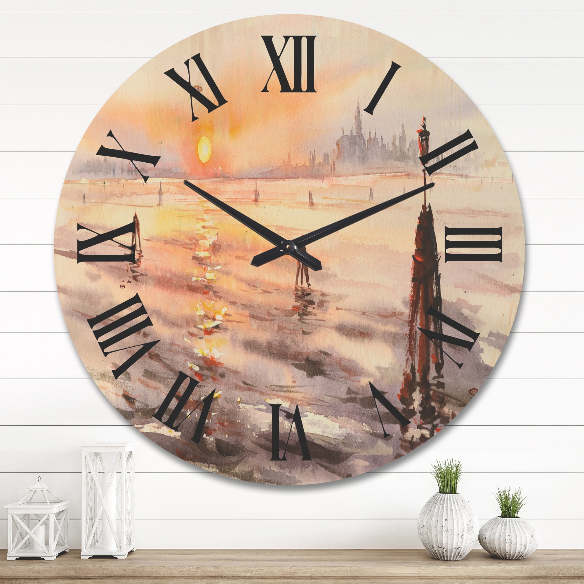 Designart 'Panorama of Venice Laguna Beach At Sunset' Nautical & Coastal Wood Wall Clock