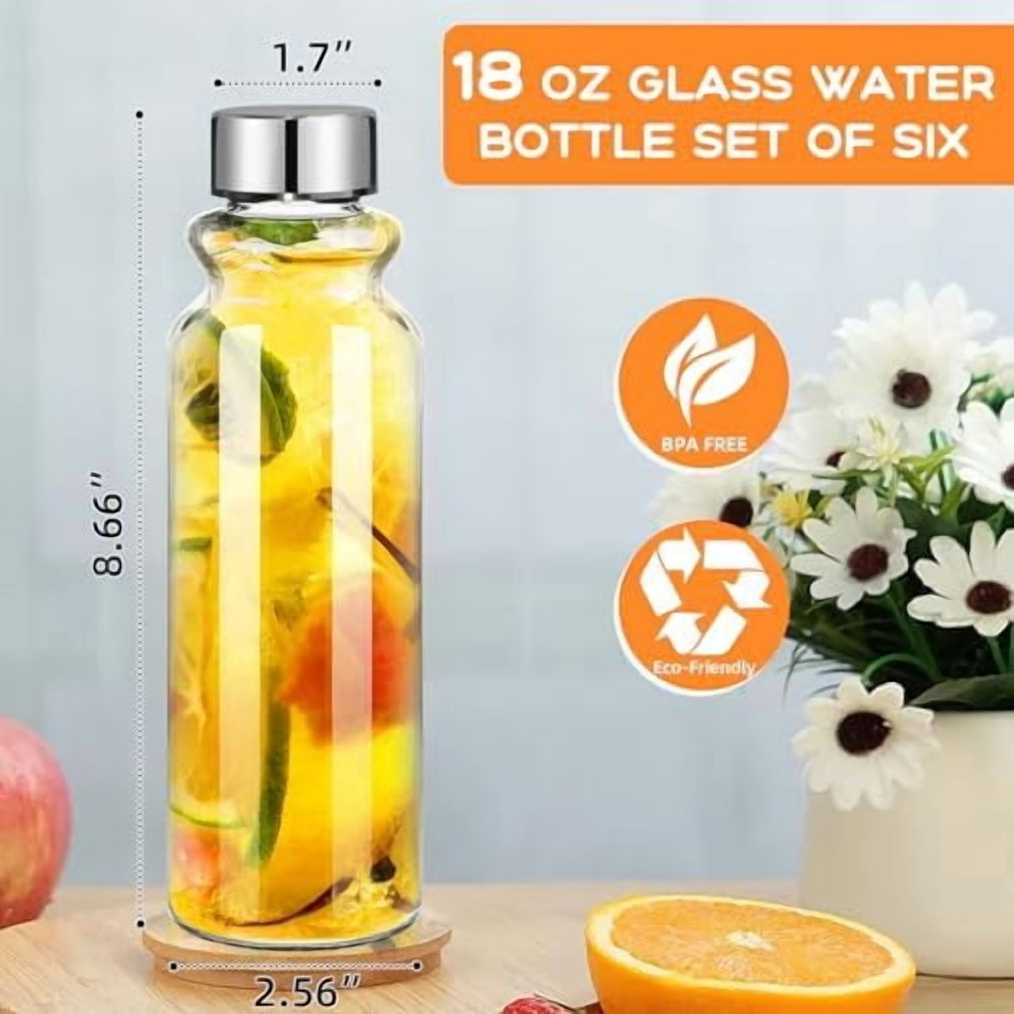 Glass Water Bottles Set of 6, 18 oz, Reusable Water Bottle with Lids, LeakProof Juice Bottles, BPA Free, Container Bottle for Refrigerator, Suitable for Beverage, Milk, Soda