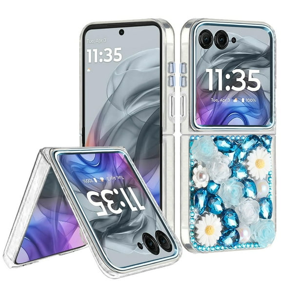 For Motorola Razr 2024 Spectacular Full Bling Stones Glitter HQ Hybrid Floral Series - Blue