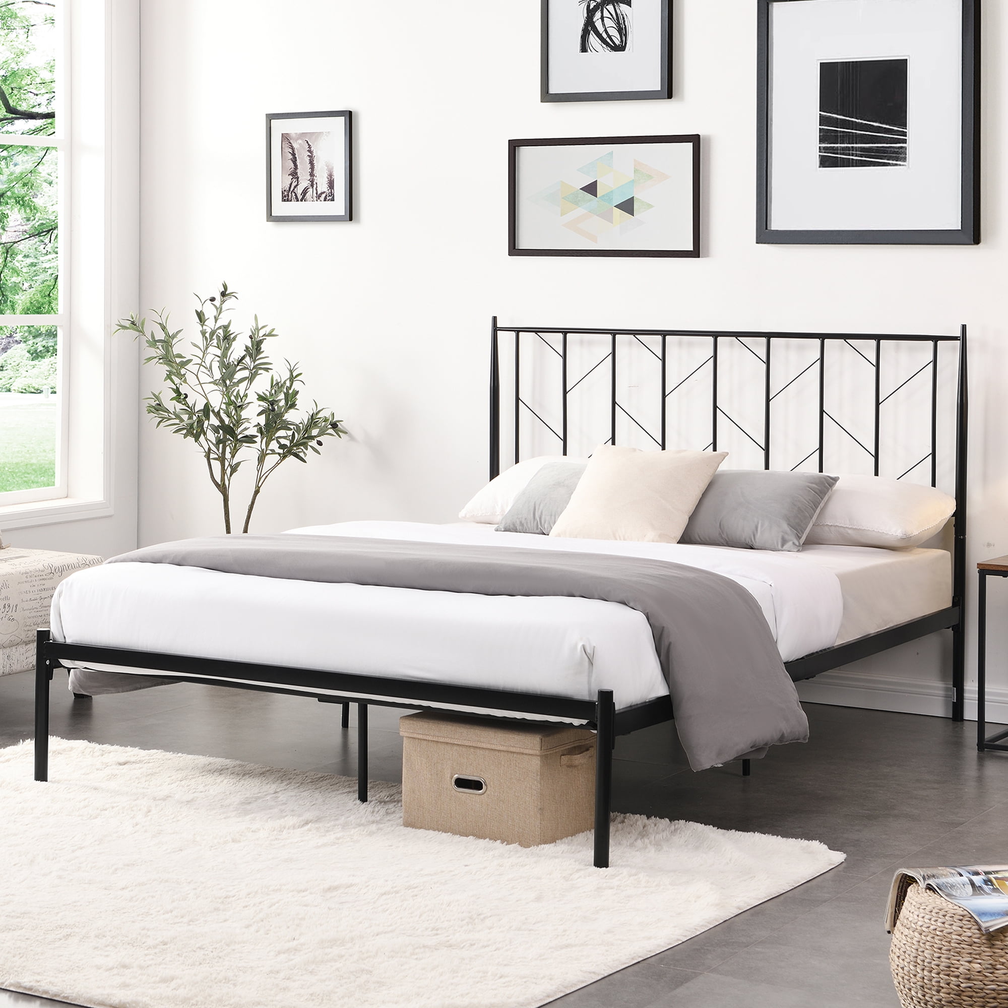 SYNGAR Black Iron Platform Bed Frame Full Size with Headboard and