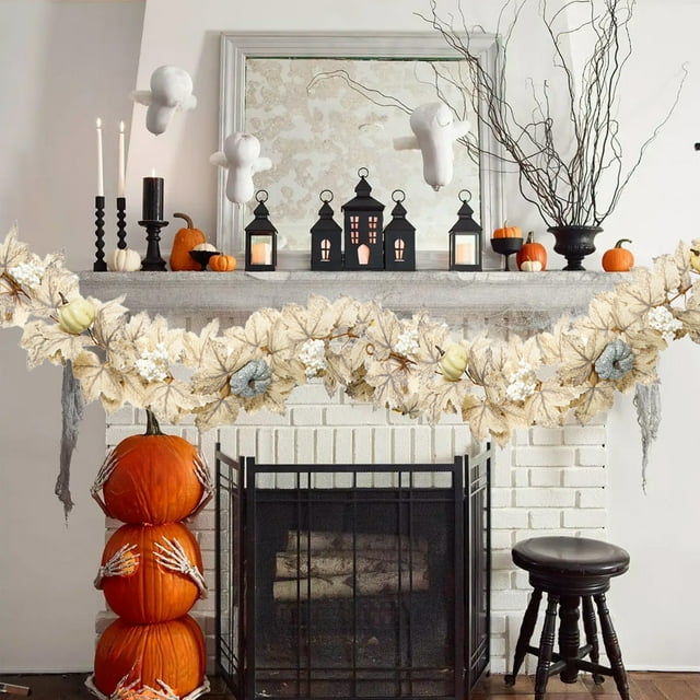 Guirnalda de hojas de arce artificiales de 170 cm, decoración de otoño, Acción de Gracias y Halloween, follaje de ratán sintético amarillo para decoración de fiestas de temporada en interiores y