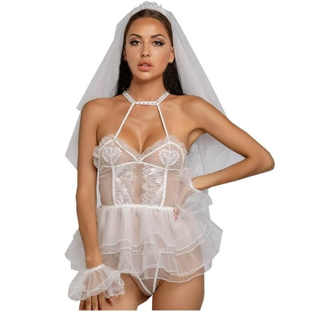 

amlbb Sexy Lingerie For Women Naughty Sexy See-Through Net Yarn White Bridal Gown Pajamas Nightdress Set on Clearance