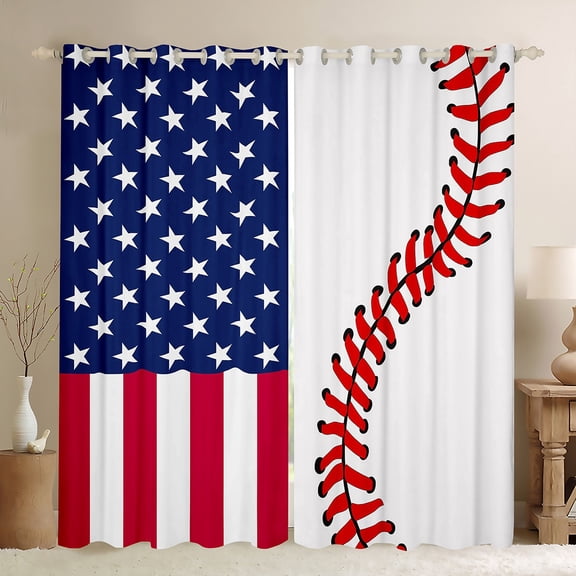 jejeloiu Abstract Baseball Pattern Black Out Curtains,American Flag Print Curtains Pack of 2 (42x63 Each),Red White Blue Bedroom Curtains For Kids,Luxury Bedroom Decor