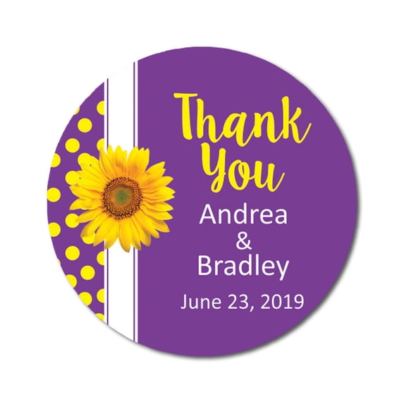 Darling Souvenir Round 45 Pcs Sunflower Thank You Stickers Wedding Personalized Bride Groom Names And Date Envelope Seals-Violet