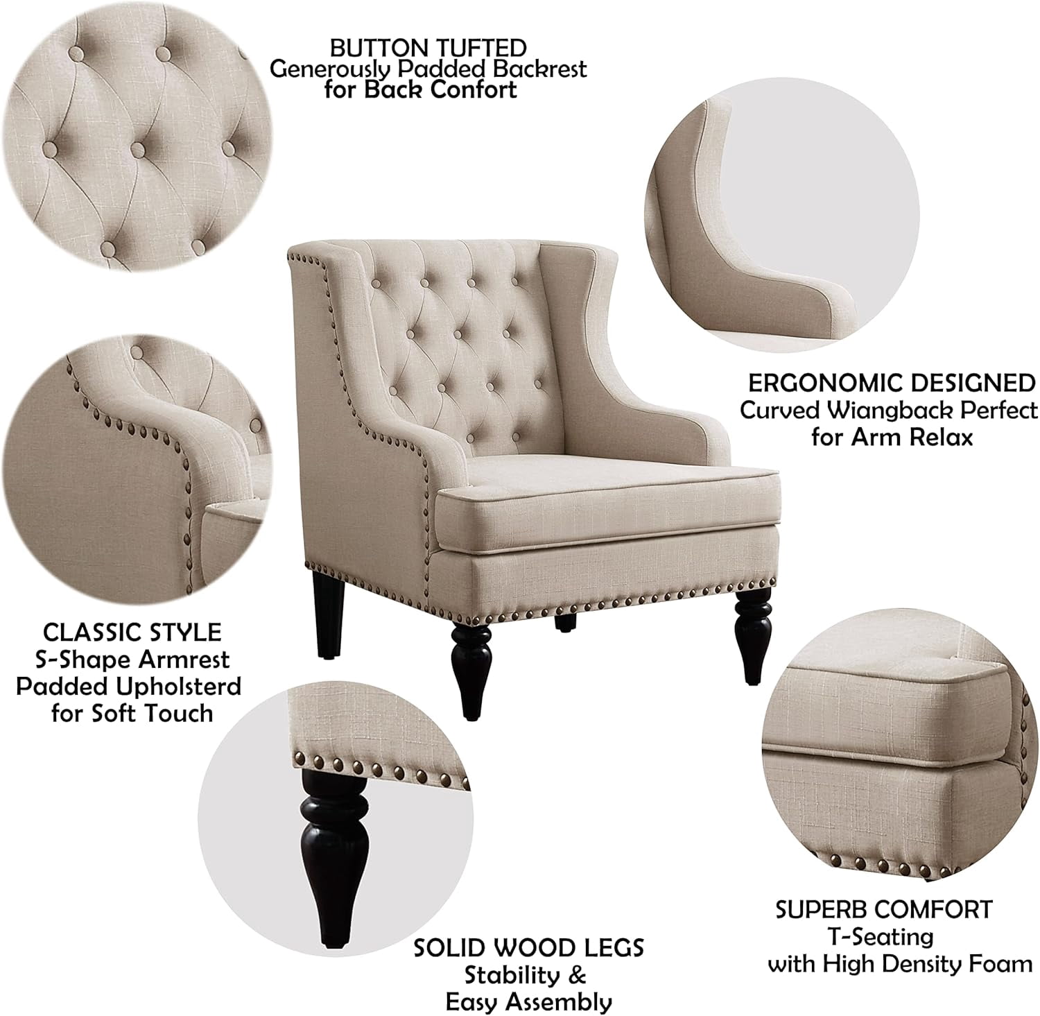 BSHTI Cushioned Accent Chair with Vintage Rivets Finish, Footrest Chair Set with Solid Wood Legs and Ergonomic Backrest, Button Tufted Upholstered Armchair for Livingroom