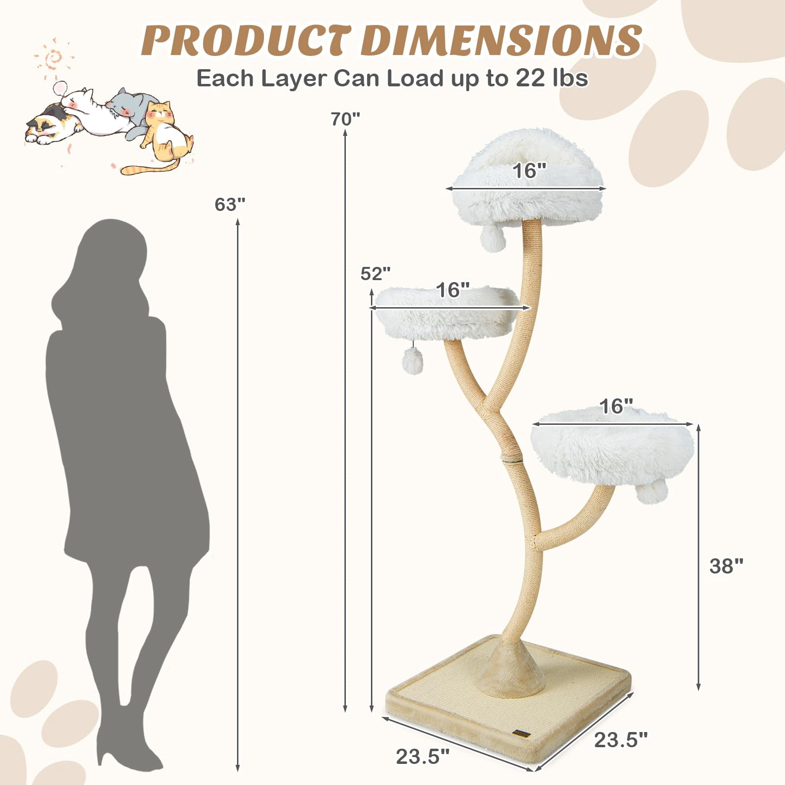 70 Inch Tall Cat Tree for Large Cats 20+ lbs, Multi-Level Cat Tower with Scratching Posts, 3 Cozy Perches and Dangling Toys, Modern Indoor Cat Furniture for Adult Cats, Beige
