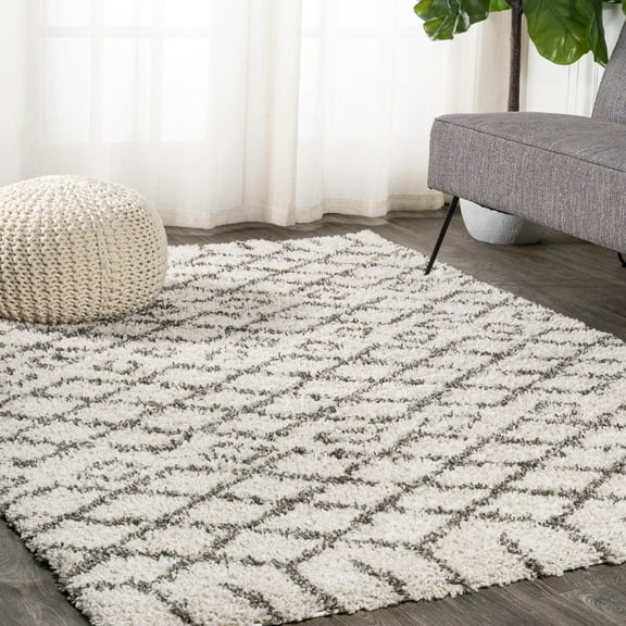 JONATHAN Y LONDON SHAG 8 x 10 Area Rug, Algaida Moroccan Diamond - Beige/Dark Gray, SHG104A-8