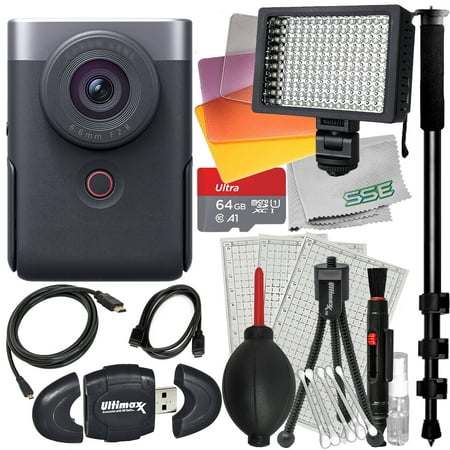Ultimaxx Essential Canon PowerShot V10 Vlog Camera Bundle (Silver) - Includes: 64GB Ultra Micro Memory Card, Ultra-Bright LED Video Light & More (15pc Bundle)