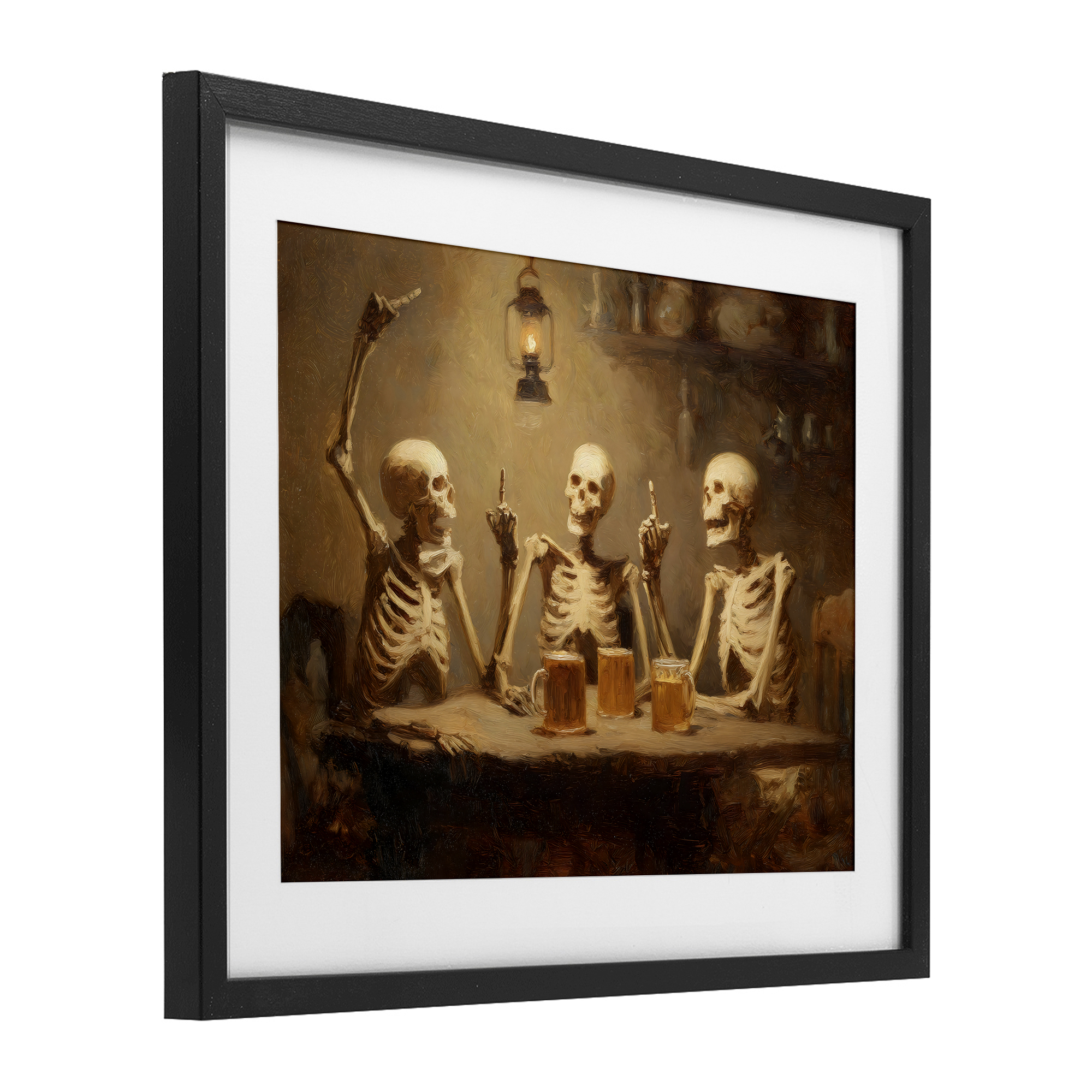 Skeletons Drinking at Tavern Black Framed Print Under Glass, design by Arlington Prints