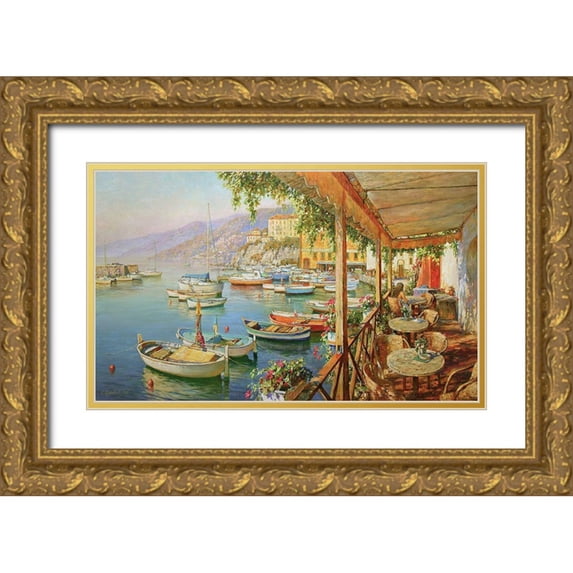 Obuchovsky, Yury 14x10 Gold Ornate Wood Framed with Double Matting Museum Art Print Titled - Cafe near Sea