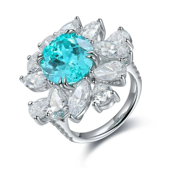 Oval Cut Lab Created Moissanite Sky Blue Topaz Floral Cocktail Ring with Pear Cut Accents in 925 Sterling Silver – Statement Party Jewelry for Women