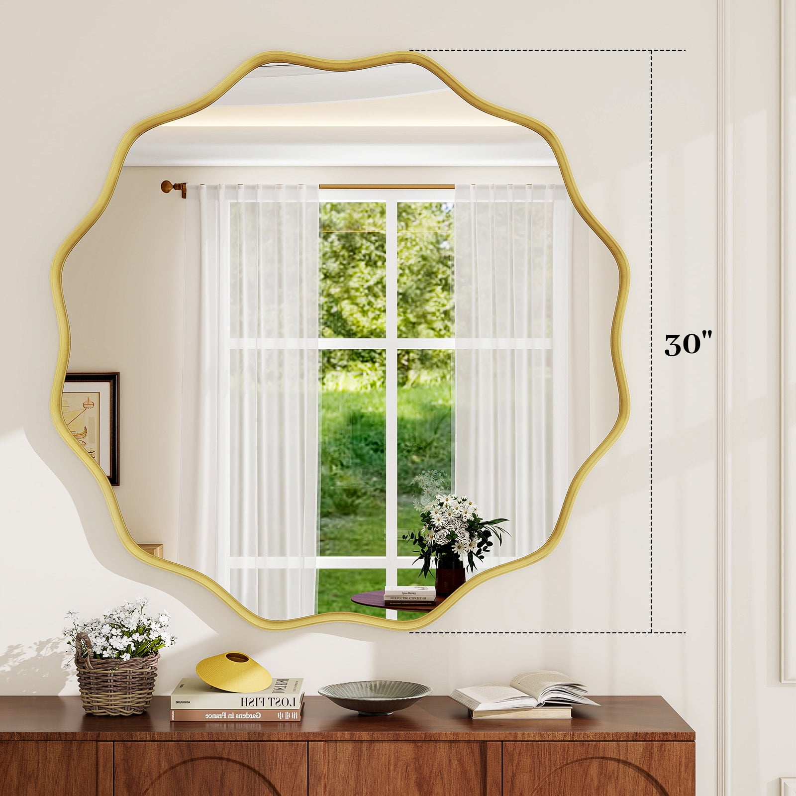 GRAHMCY 30" Wavy Round Bathroom Mirror Decorative Wall Mirror With Deep Frame, Gold