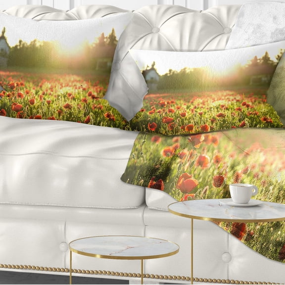 Designart Poppy Field under Bright Sunlight - Landscape Printed Throw Pillow - 12x20