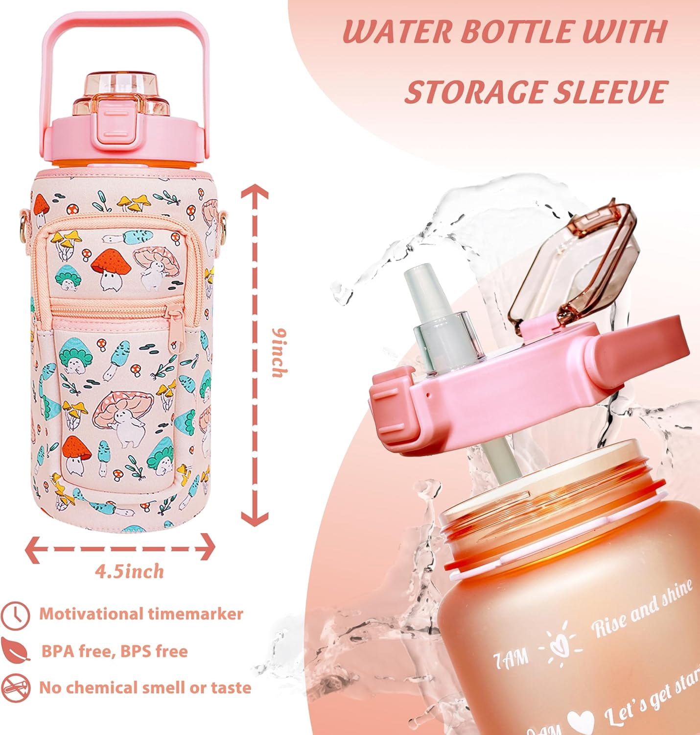 64 oz Water Bottle with Straw Sleeve & Strap Motivational BPA Free Half Gallon Water Jug with Handle for Gym Women Men Aesthetic Water Bottle with Strap Mushroom Pink