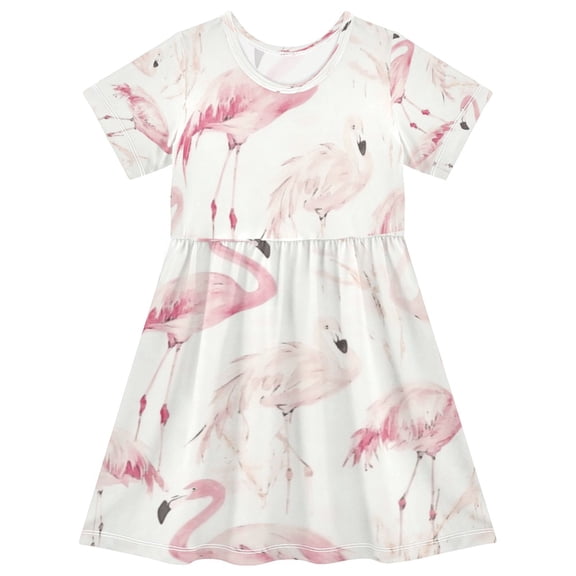 Girls Short Sleeve A-Line Dress Pink Flamingos Play Dress Sizes 2T