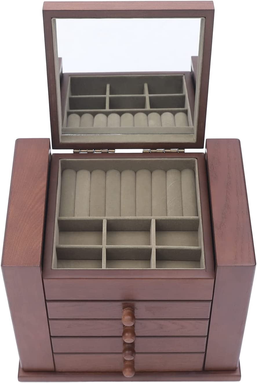 5 Layer Wooden Jewelry Box Jewelry Organizer Box with Mirror and Lock Jewelry Storage Box Case Valentine's Day Gift for Women Ring Necklace Watches