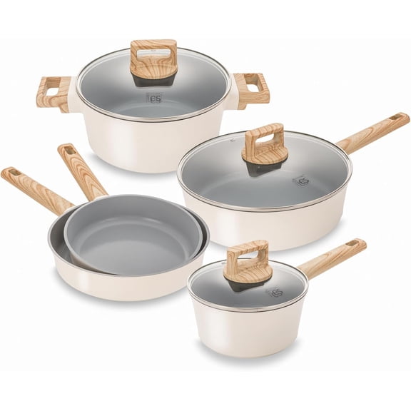 Nonstick Ceramic Cookware Set, 8 count Pots and Pans Set with Stay-Cool Handles, Ceramic Kitchen Cooking Set, Induction Compatible Dishwasher Safe, and PFOA , 8p