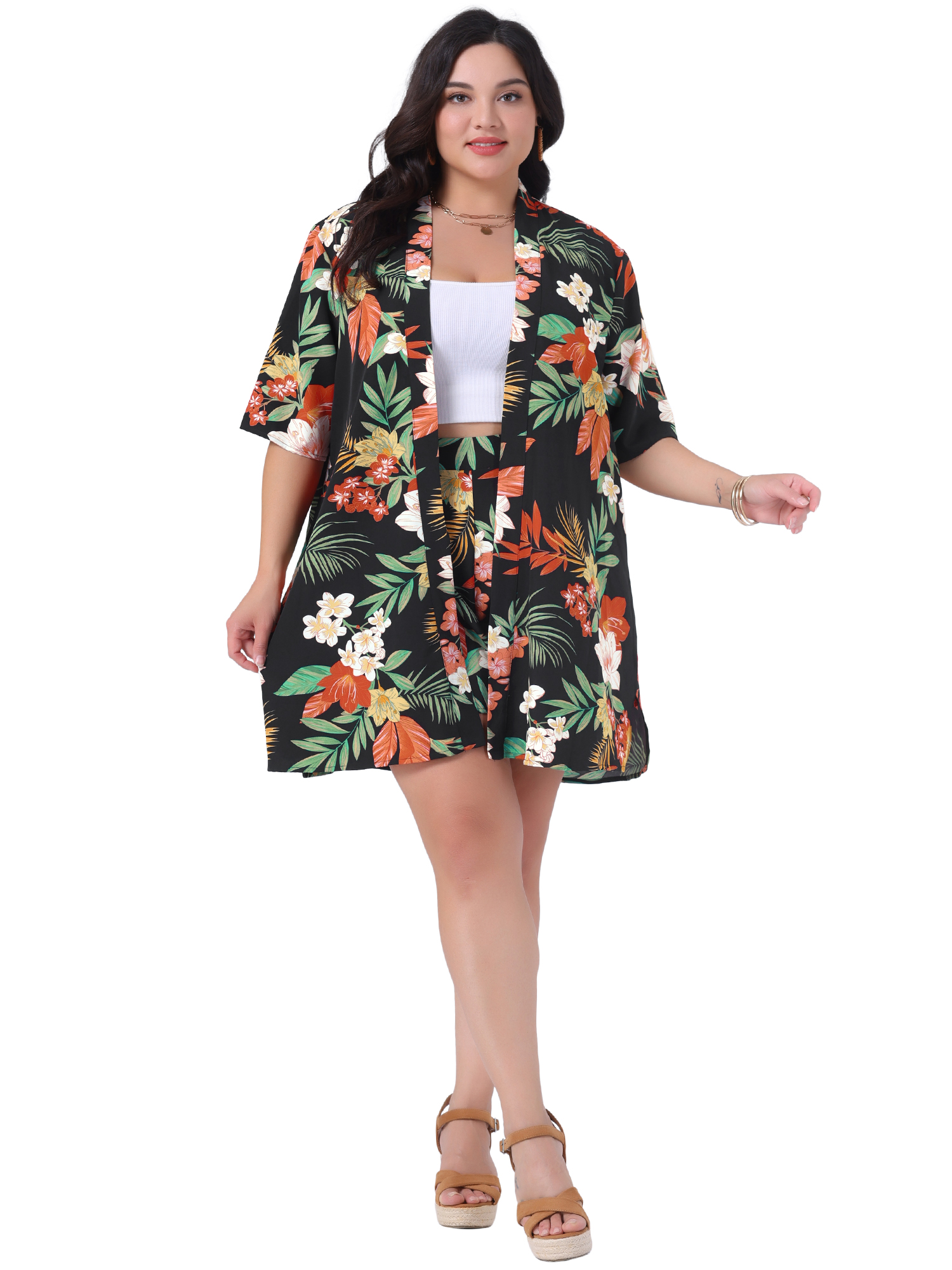 DARING DIVA Women's Plus 2 Pcs Tropical Kimono Floral Tops and Shorts Set Black 4X