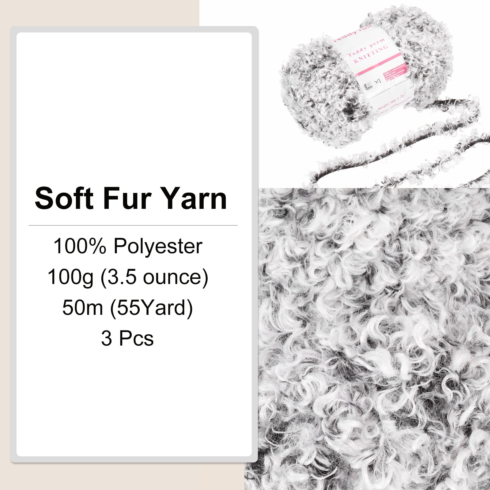 3pcs Eyelash Yarn Polyester Yarn Fur Soft Fluffy Chunky Yarn Fuzzy Eyelash Yarn Gray for Crocheting Knit DIY Clothes Bag - 55Yard/50m, 3.53oz x 3