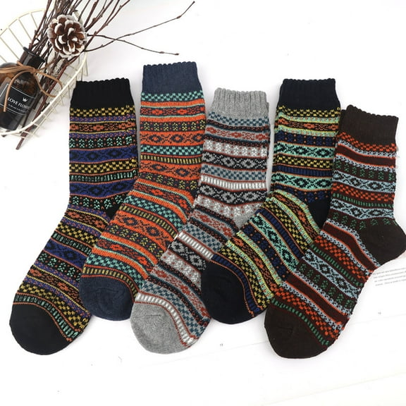 5 Pairs Retro Middle Socks Tube Crew Socks for Men，Christmas Holiday Winter Gifts，Style 1