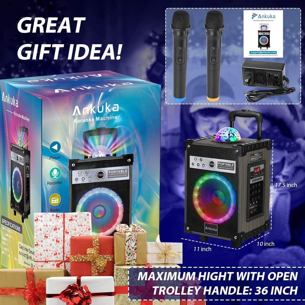 Bluetooth Portable Singing PA Speaker System +2 Wireless Dual Microphones +LED & Disco Lights TV and Aux cable Best Christmas Birthday Gift for Boys & Girls NEW Karaoke Machine for Adults and Kids 