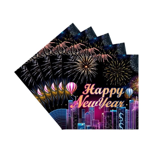 Decoraciones navideñas, adornos navideños, regalos navideños, 20 servilletas de papel de Año Nuevo en negro y dorado, decoraciones para fiestas de Año Nuevo, vajilla desechable para fiestas de Nochevi