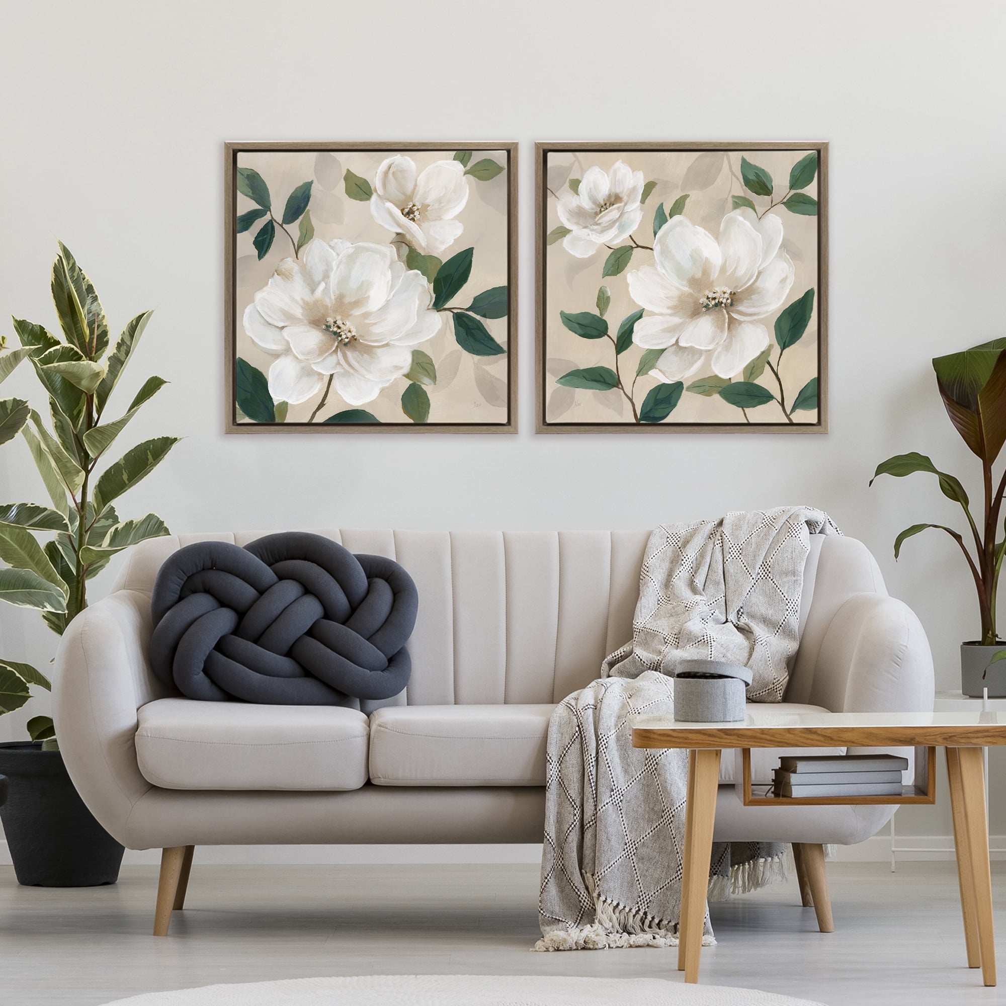 Stupell Industries Serene White Blossoms & Foliage 2 Piece Brown Framed Floater Canvas Set, design by Nan