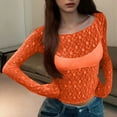 thumbnail image 4 of RYRJJ Womens Sheer Mesh Long Sleeve Cropped Tops Crew Neck See Through Tee Shirts Party Club Night Lace Blouse(Orange,XL), 4 of 6